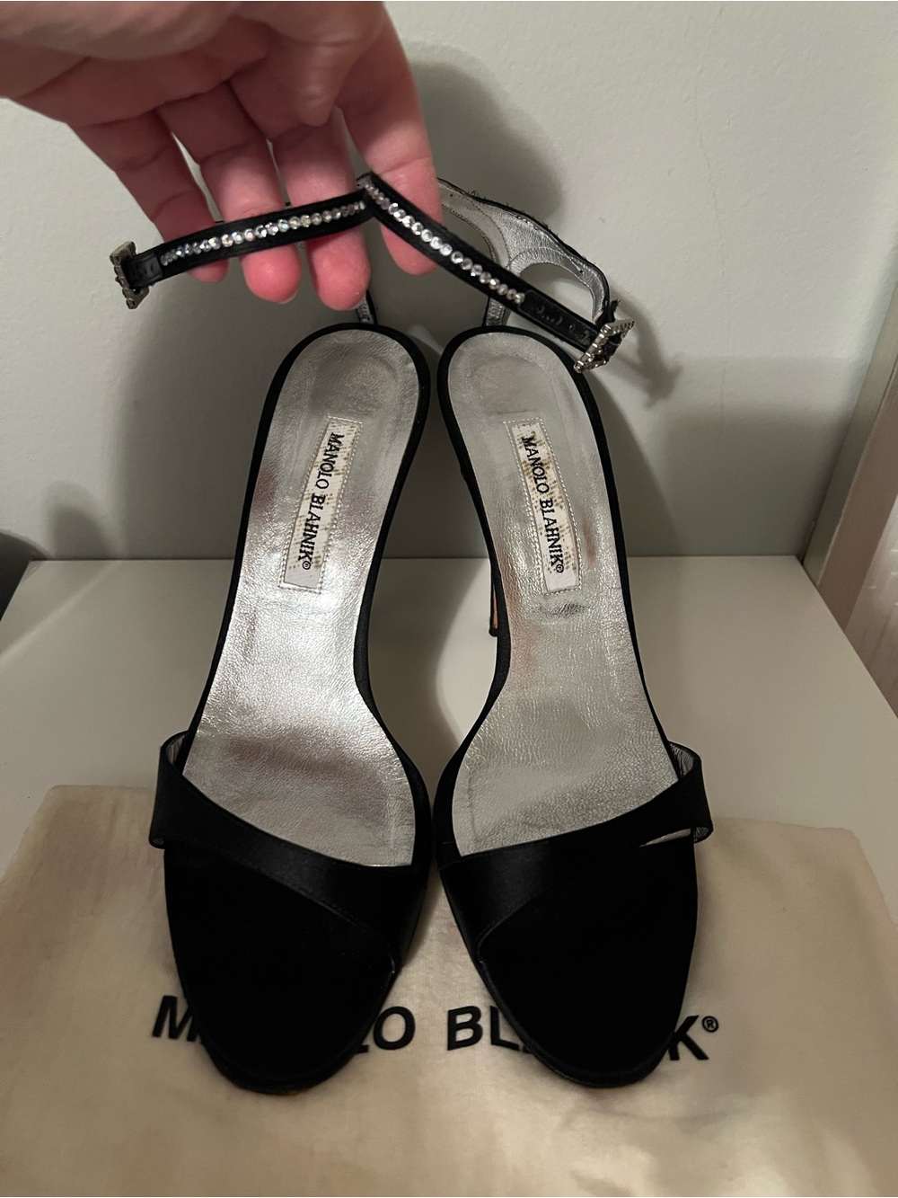 Manolo Blahnik Black Satin & Rhinestone Heels - Size 41 - Picture 3 of 11